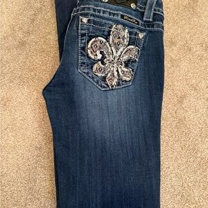 Miss Me Dark Blue Boot Cut Jeans with Fleur-de-Lis Embellishment